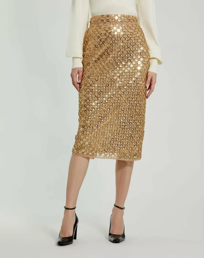 Women Skirts Mac Duggal Georgette Embellished Fitted Midi Pencil Skirt Antique Gold