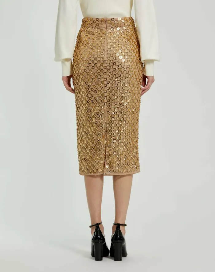 Women Skirts Mac Duggal Georgette Embellished Fitted Midi Pencil Skirt Antique Gold