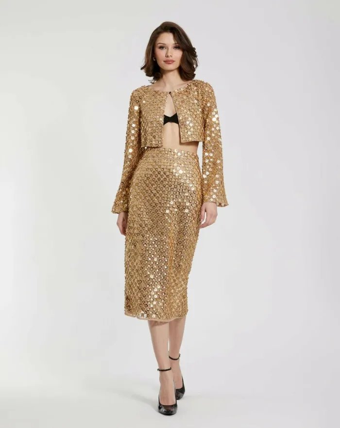 Women Skirts Mac Duggal Georgette Embellished Fitted Midi Pencil Skirt Antique Gold