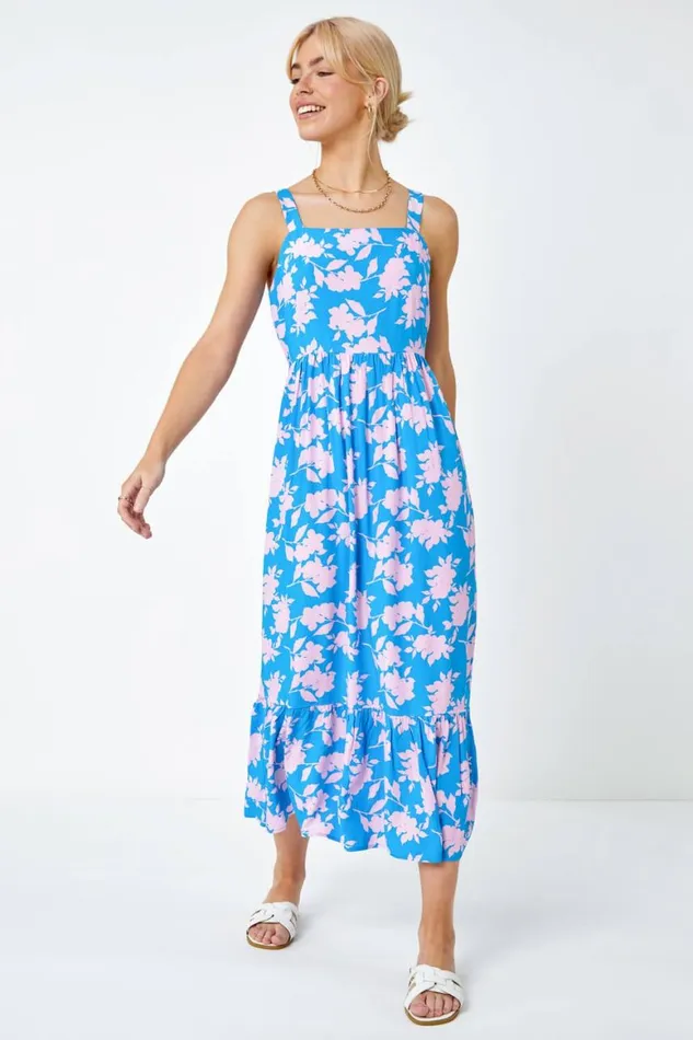 Women Sky Blue Sleeveless Floral Tiered Midi Dress Roman Dresses