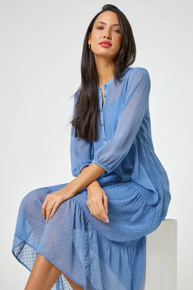 Women Sky Blue Textured Spot Print Tiered Midi Dress Roman Dresses