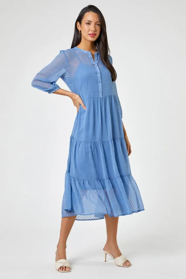 Women Sky Blue Textured Spot Print Tiered Midi Dress Roman Dresses