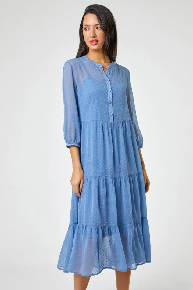 Women Sky Blue Textured Spot Print Tiered Midi Dress Roman Dresses