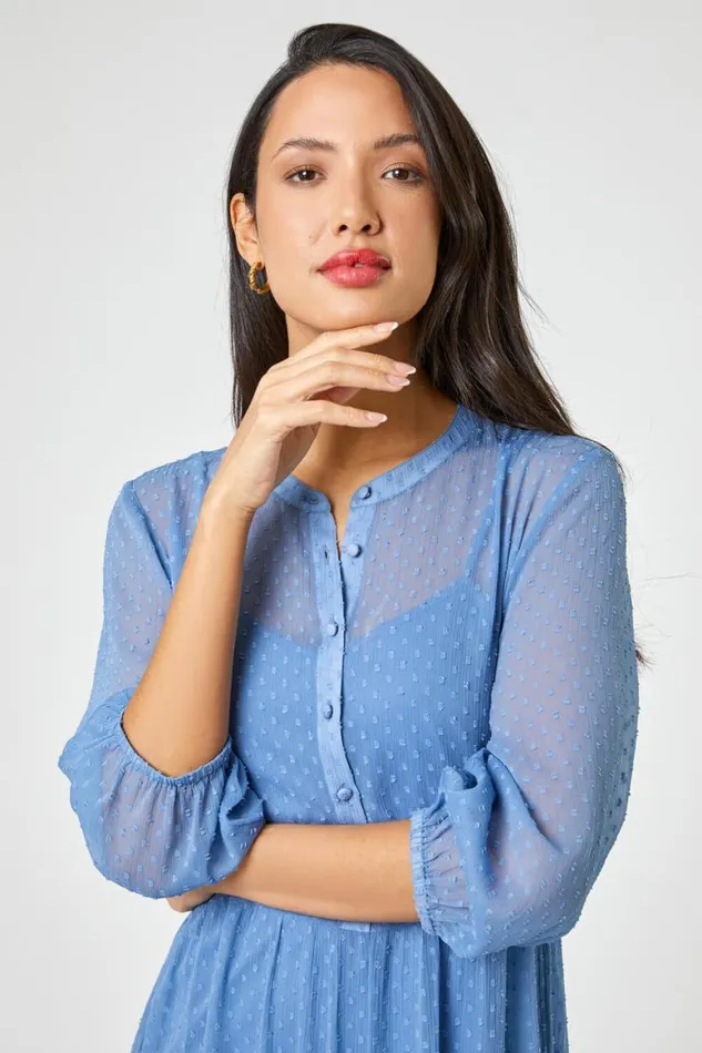 Women Sky Blue Textured Spot Print Tiered Midi Dress Roman Dresses