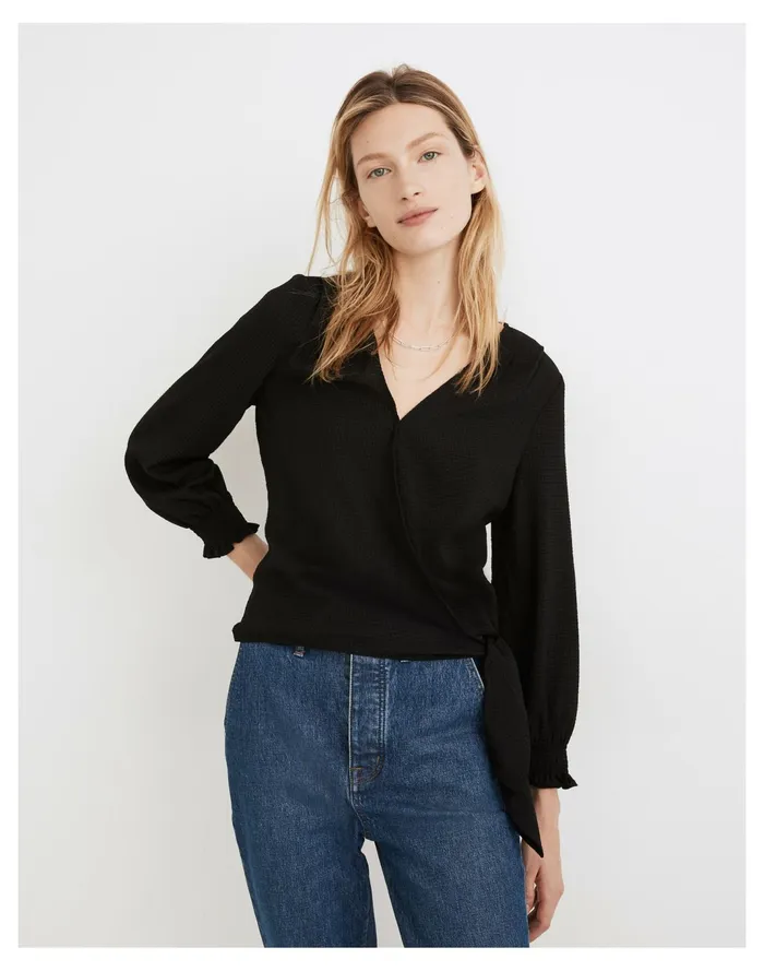 Women Smocked Sleeve Wrap Top True Black Madewell Tops and Shirts