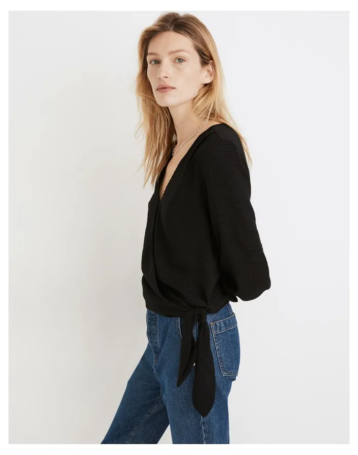 Women Smocked Sleeve Wrap Top True Black Madewell Tops and Shirts Women Smocked Sleeve Wrap Top True Black Madewell Tops and Shirts