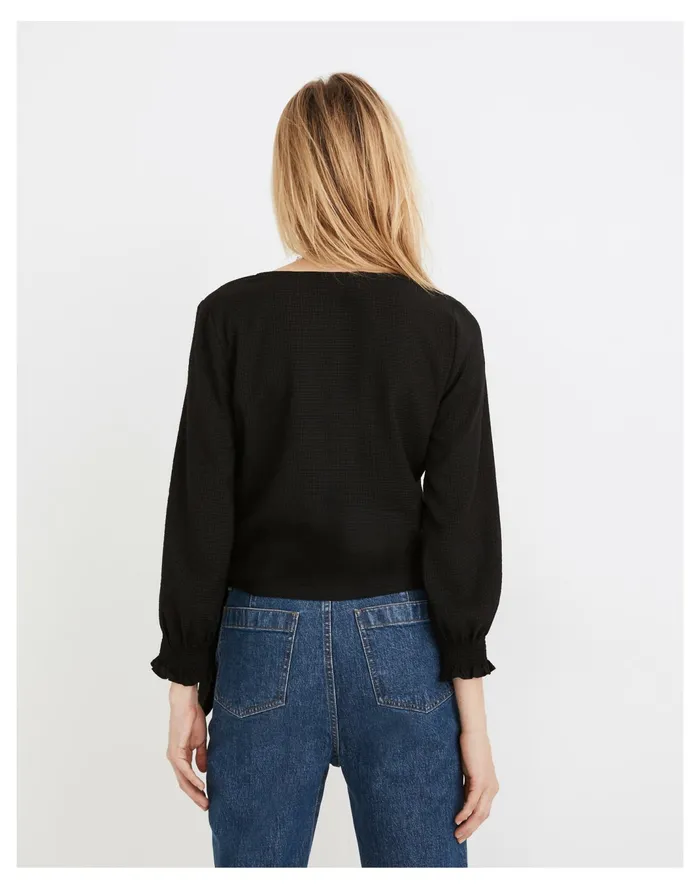Women Smocked Sleeve Wrap Top True Black Madewell Tops and Shirts Women Smocked Sleeve Wrap Top True Black Madewell Tops and Shirts