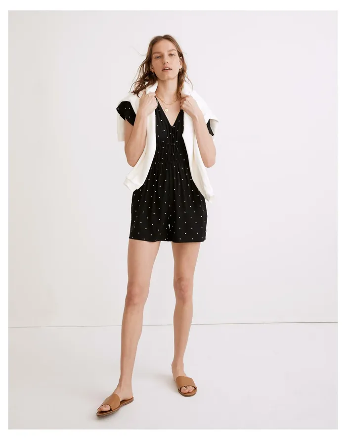 Women Sophia Romper In Square Spot True Black Madewell Jumpsuits and Overalls Women Sophia Romper In Square Spot True Black Madewell Jumpsuits and Overalls