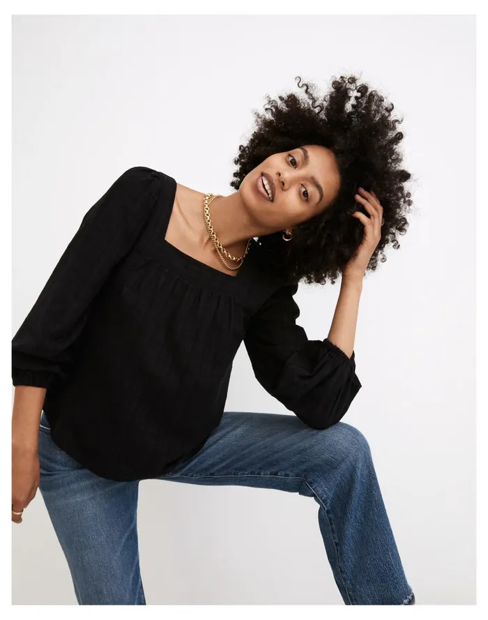 Women Square Neck Bubble Sleeve Top In Plaid True Black Madewell Tops and Shirts