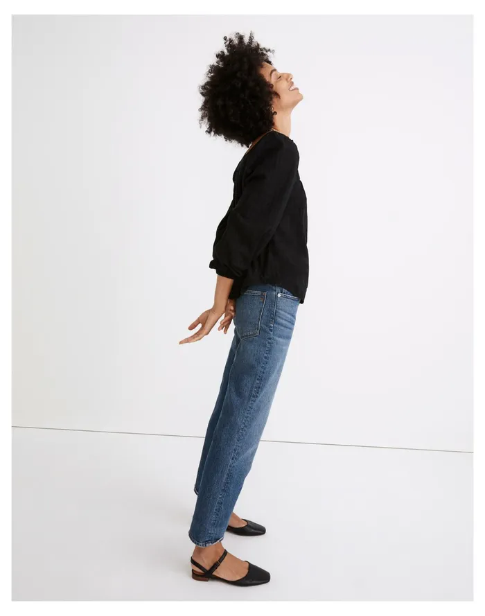 Women Square Neck Bubble Sleeve Top In Plaid True Black Madewell Tops and Shirts Women Square Neck Bubble Sleeve Top In Plaid True Black Madewell Tops and Shirts