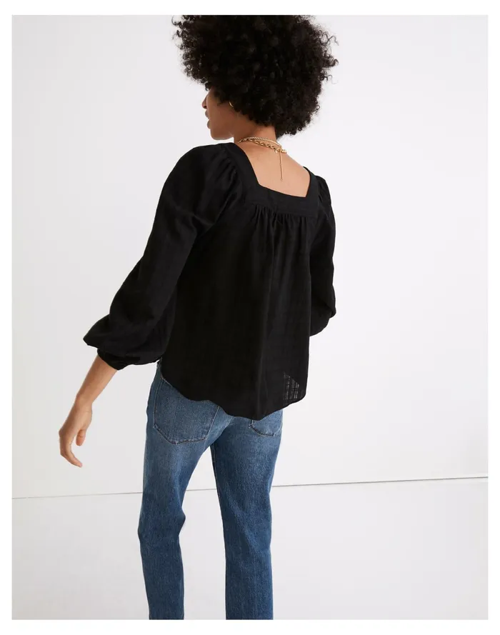 Women Square Neck Bubble Sleeve Top In Plaid True Black Madewell Tops and Shirts Women Square Neck Bubble Sleeve Top In Plaid True Black Madewell Tops and Shirts