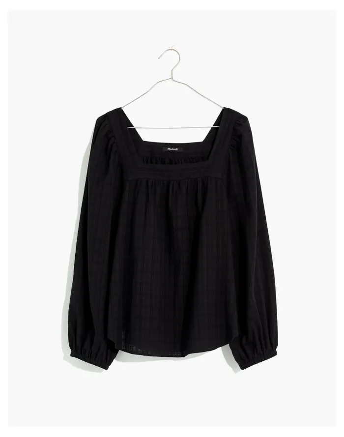 Women Square Neck Bubble Sleeve Top In Plaid True Black Madewell Tops and Shirts Women Square Neck Bubble Sleeve Top In Plaid True Black Madewell Tops and Shirts
