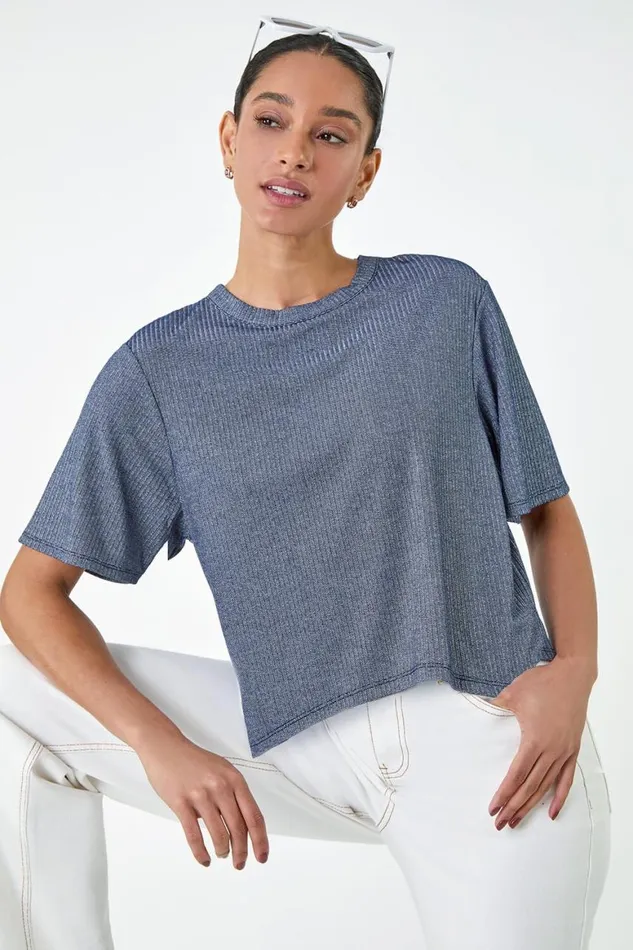 Women Steel Blue Metallic Shimmer Ribbed Stretch TShirt Roman Tops