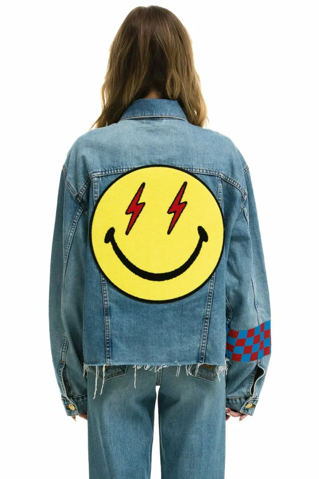 Women STOKED BOLT SMILEY OVERSIZED CUTOFF DENIM JACKET 8211 VINTAGE Aviator Nation