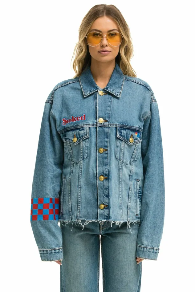 Women STOKED BOLT SMILEY OVERSIZED CUTOFF DENIM JACKET 8211 VINTAGE Aviator Nation Women STOKED BOLT SMILEY OVERSIZED CUTOFF DENIM JACKET 8211 VINTAGE Aviator Nation