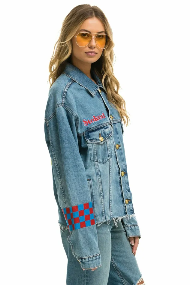 Women STOKED BOLT SMILEY OVERSIZED CUTOFF DENIM JACKET 8211 VINTAGE Aviator Nation Women STOKED BOLT SMILEY OVERSIZED CUTOFF DENIM JACKET 8211 VINTAGE Aviator Nation