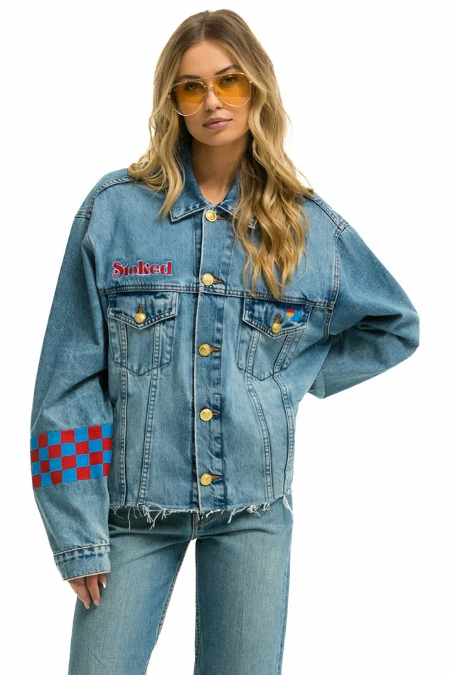 Women STOKED BOLT SMILEY OVERSIZED CUTOFF DENIM JACKET 8211 VINTAGE Aviator Nation Women STOKED BOLT SMILEY OVERSIZED CUTOFF DENIM JACKET 8211 VINTAGE Aviator Nation