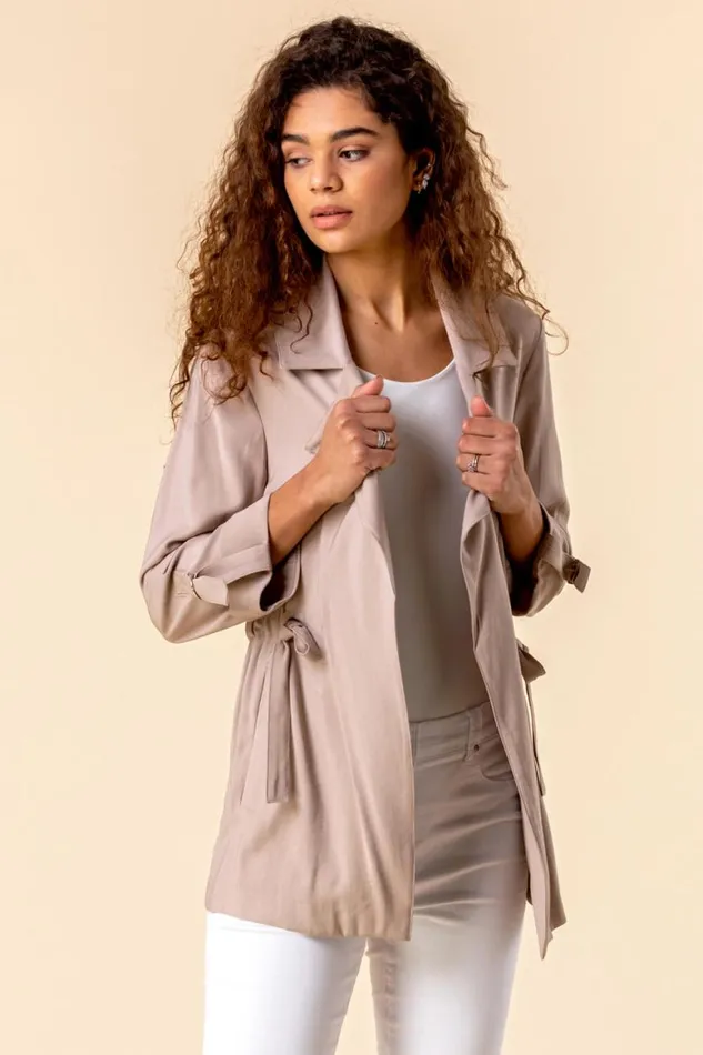 Women Stone 34 Sleeve Tie Waist Longline Jacket Roman Jackets