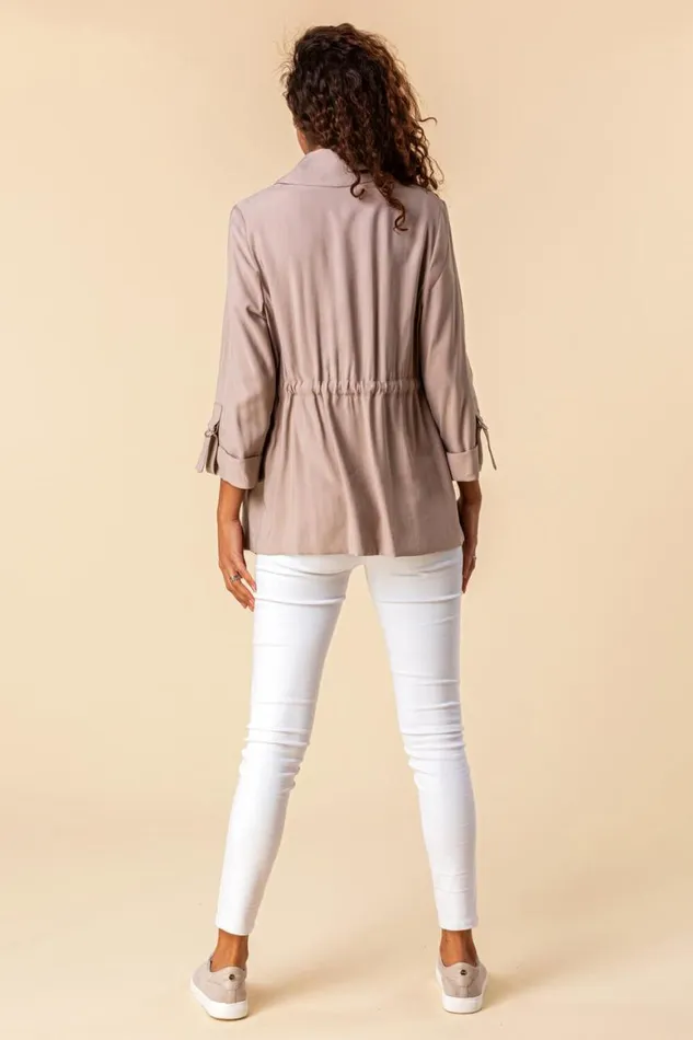 Women Stone 34 Sleeve Tie Waist Longline Jacket Roman Jackets