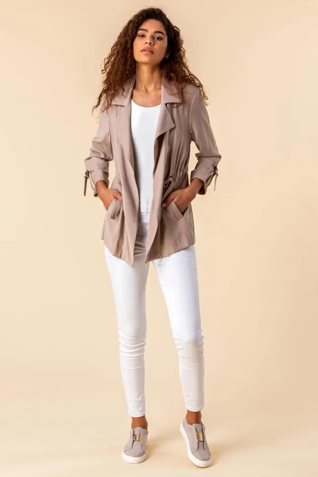 Women Stone 34 Sleeve Tie Waist Longline Jacket Roman Jackets