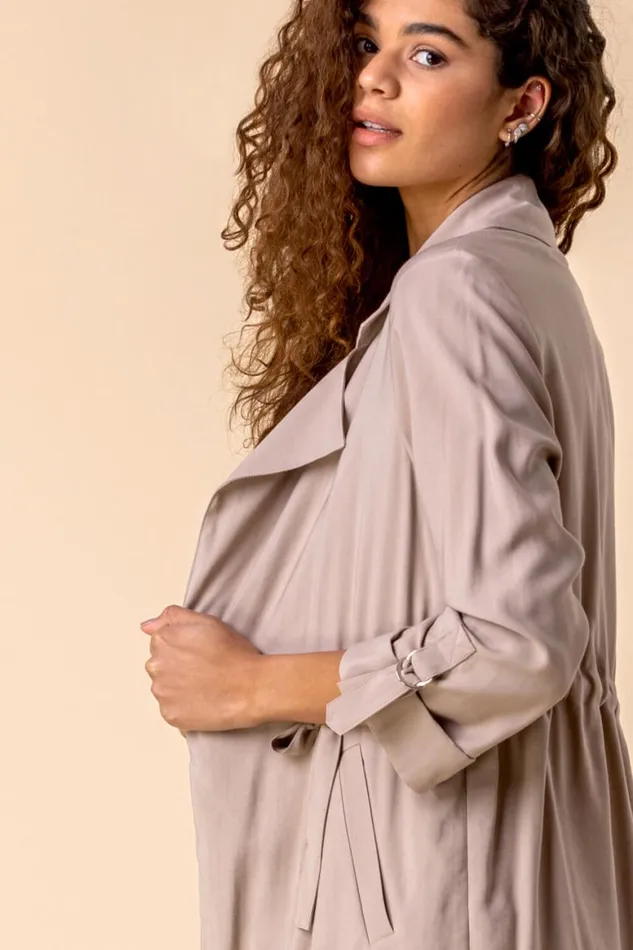 Women Stone 34 Sleeve Tie Waist Longline Jacket Roman Jackets