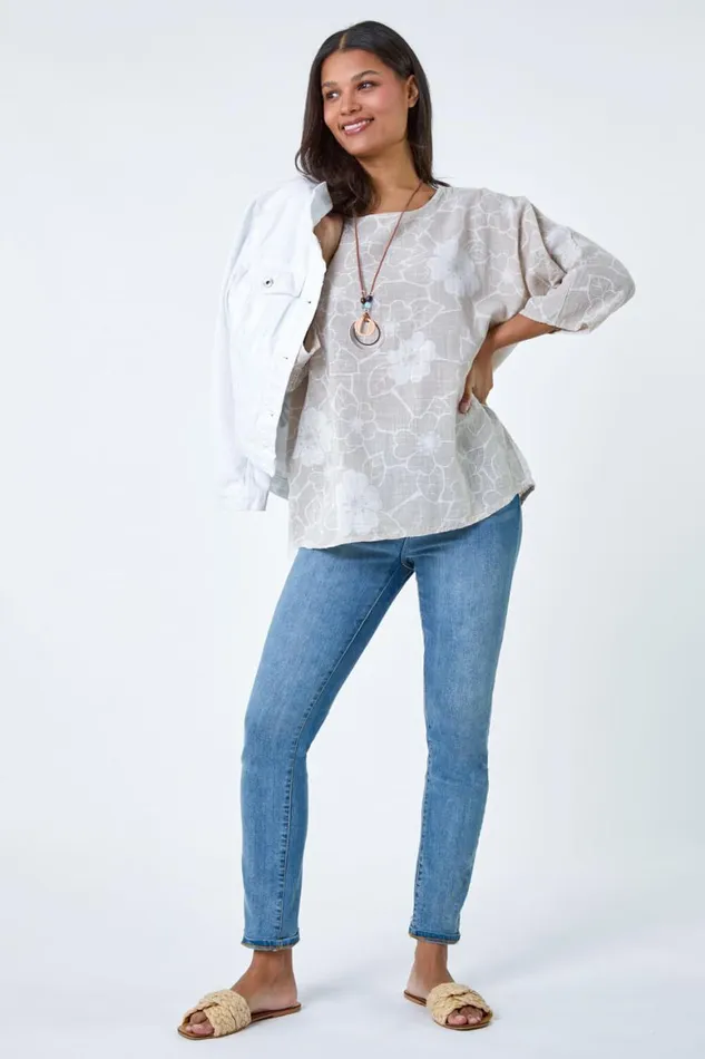 Women Stone Floral Print Cotton Tunic Top With Necklace Roman Tops