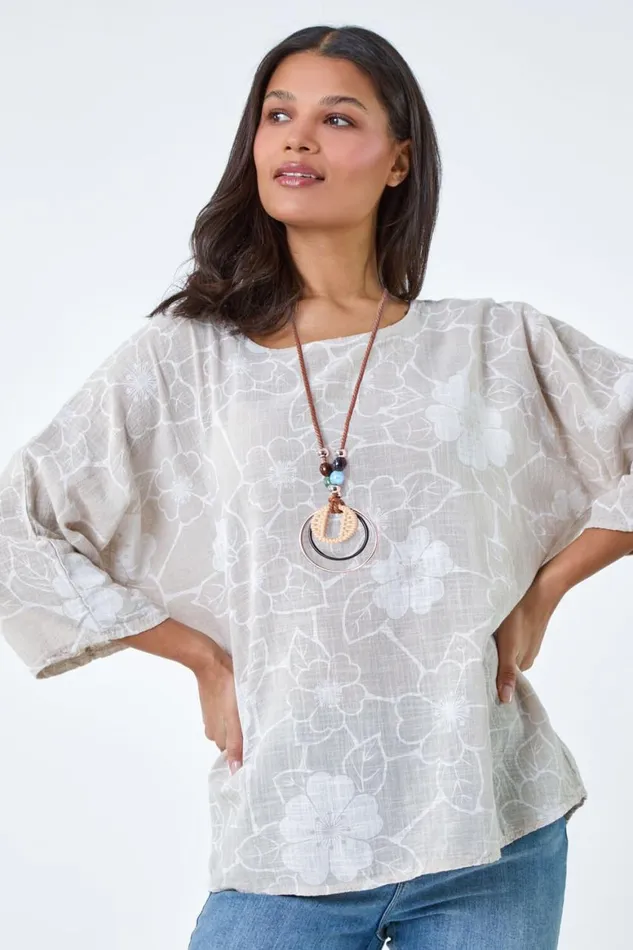 Women Stone Floral Print Cotton Tunic Top With Necklace Roman Tops