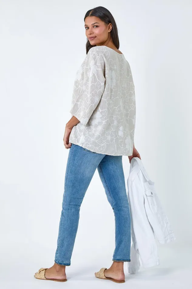 Women Stone Floral Print Cotton Tunic Top With Necklace Roman Tops
