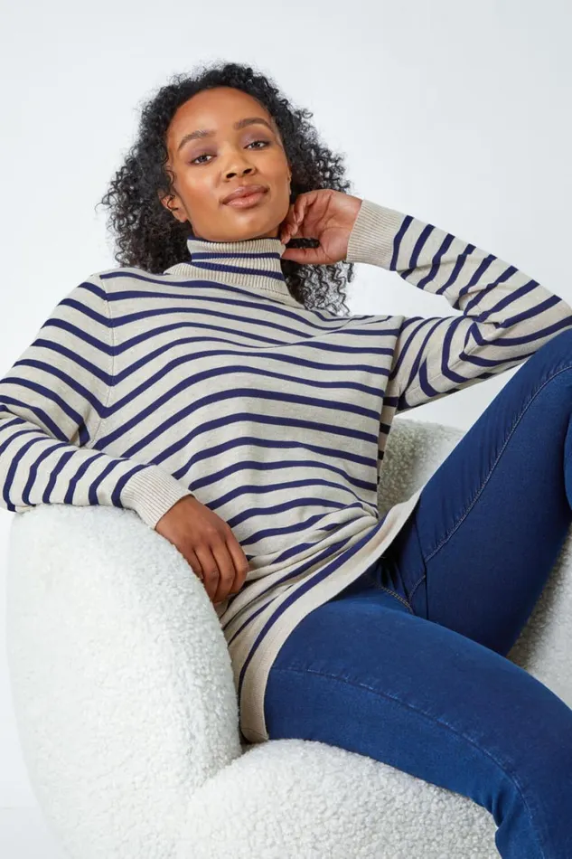 Women Stone Petite Stripe Print Roll Neck Longline Jumper Roman Knitwear