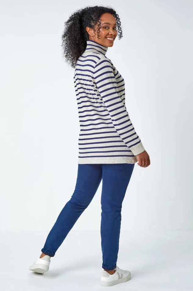 Women Stone Petite Stripe Print Roll Neck Longline Jumper Roman Knitwear