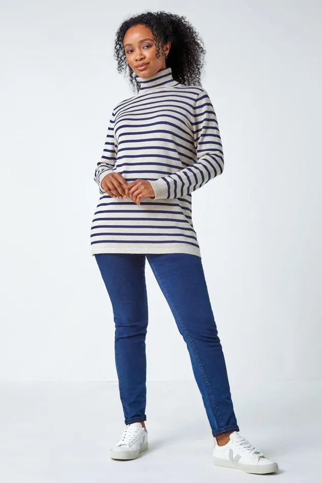 Women Stone Petite Stripe Print Roll Neck Longline Jumper Roman Knitwear