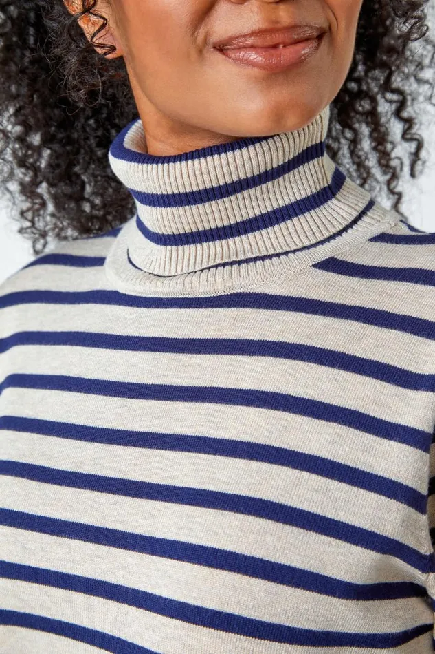 Women Stone Petite Stripe Print Roll Neck Longline Jumper Roman Knitwear