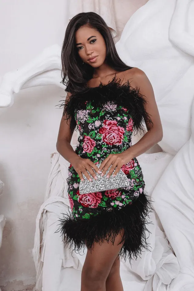 Women Strapless and Bandeau Dresses Lavish Alice FRANCESCA Feather Bandeau Mini Dress In Bespoke Rose Sequin Bespoke Rose Sequin