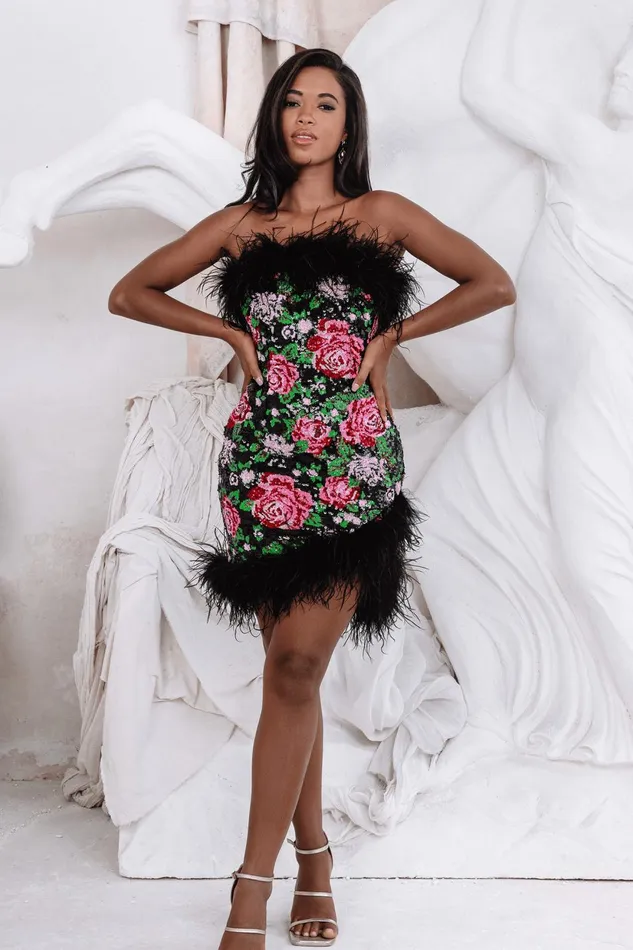 Women Strapless and Bandeau Dresses Lavish Alice FRANCESCA Feather Bandeau Mini Dress In Bespoke Rose Sequin Bespoke Rose Sequin