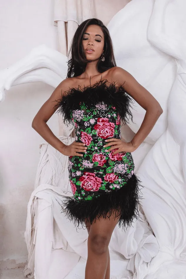 Women Strapless and Bandeau Dresses Lavish Alice FRANCESCA Feather Bandeau Mini Dress In Bespoke Rose Sequin Bespoke Rose Sequin