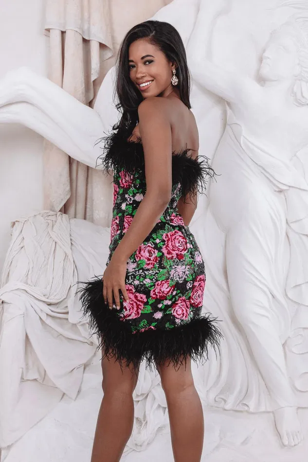 Women Strapless and Bandeau Dresses Lavish Alice FRANCESCA Feather Bandeau Mini Dress In Bespoke Rose Sequin Bespoke Rose Sequin