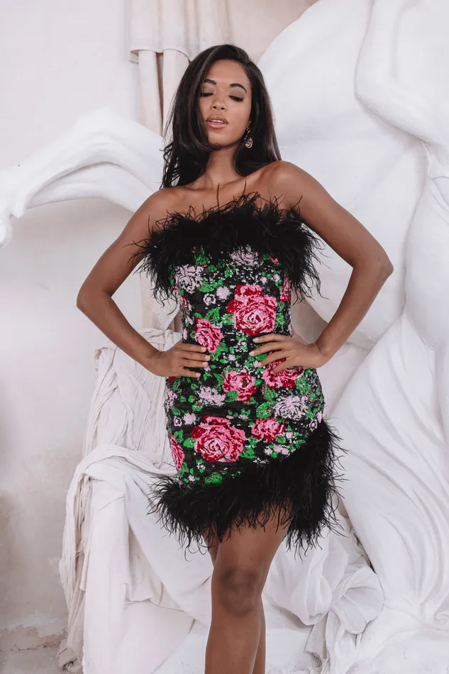 Women Strapless and Bandeau Dresses Lavish Alice FRANCESCA Feather Bandeau Mini Dress In Bespoke Rose Sequin Bespoke Rose Sequin