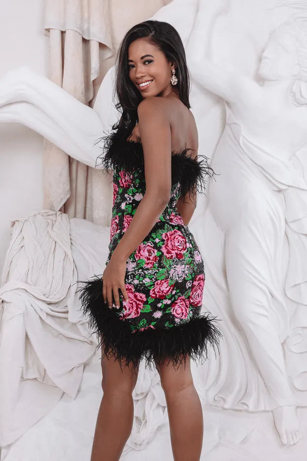 Women Strapless and Bandeau Dresses Lavish Alice FRANCESCA Feather Bandeau Mini Dress In Bespoke Rose Sequin Bespoke Rose Sequin