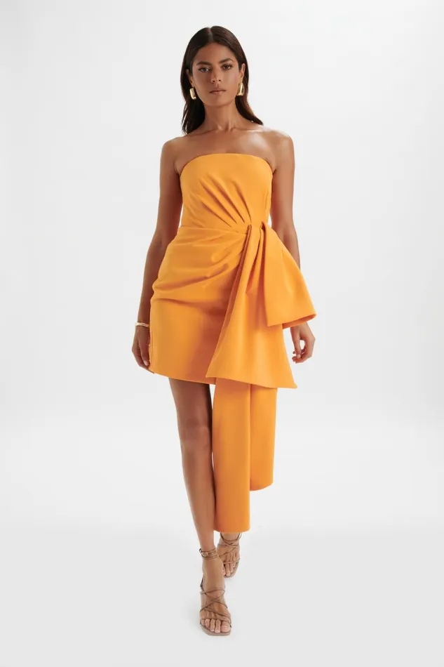 Women Strapless and Bandeau Dresses Lavish Alice SHAKIRA Bandeau Half Bow Drape Midi Dress In Apricot Apricot