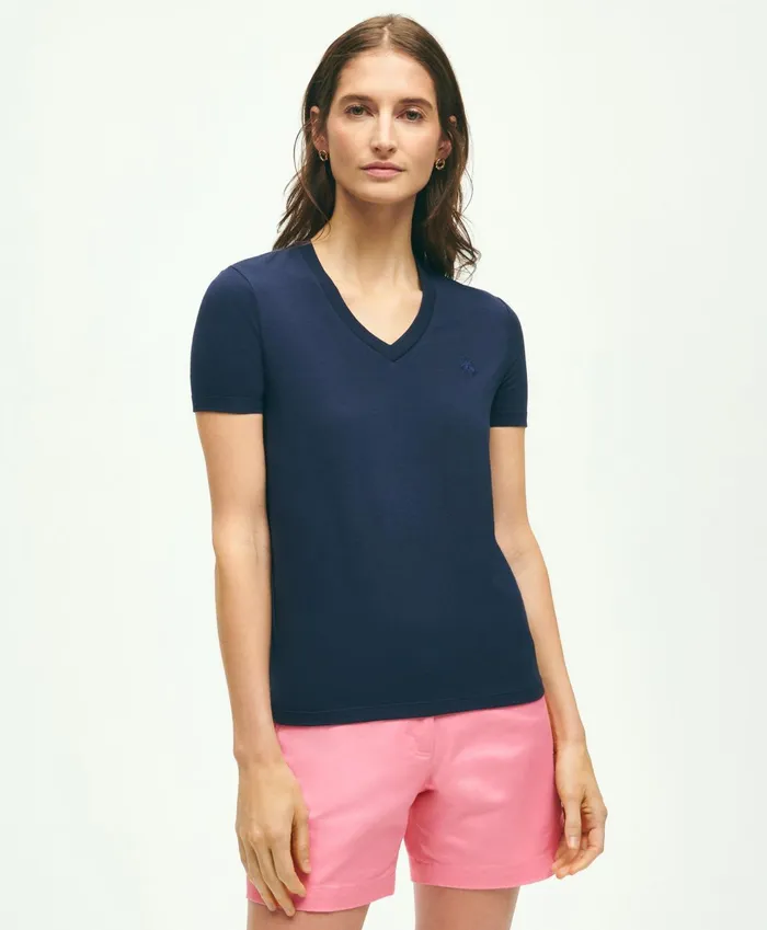 Women Stretch Cotton VNeck TShirt Navy Brooks Brothers Blouses and Shirts