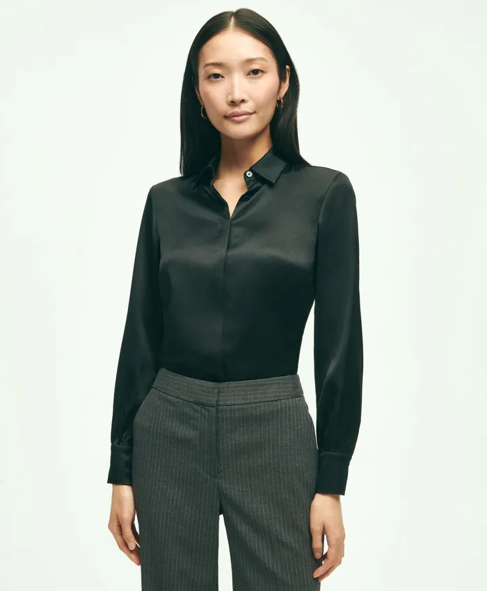 Women Stretch Silk Blouse Black Brooks Brothers Blouses and Shirts