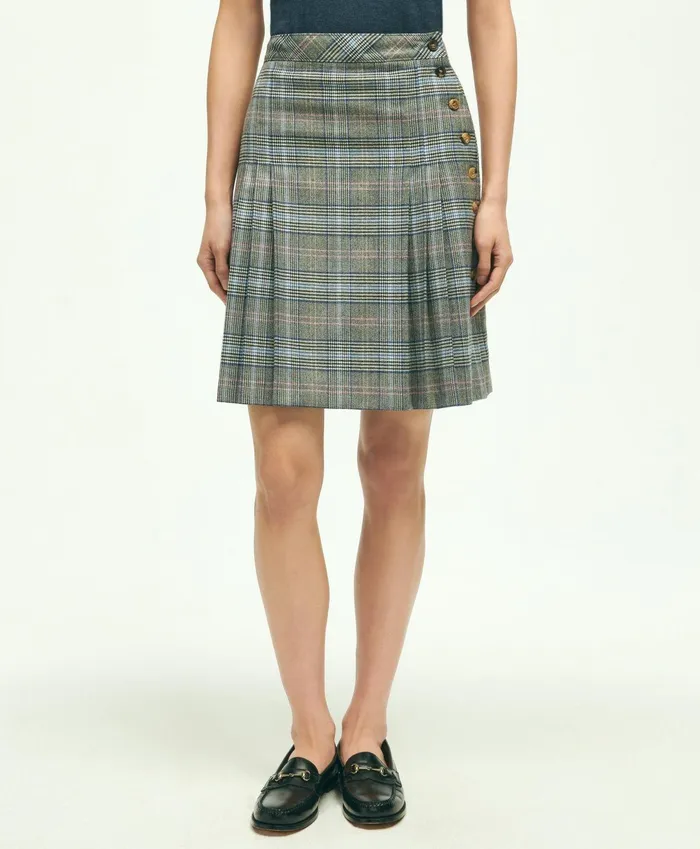 Women Stretch Wool Prince Of Wales ALine Pleated Skirt Grey Multi Brooks Brothers Pants and Skirts Women Stretch Wool Prince Of Wales ALine Pleated Skirt Grey Multi Brooks Brothers Pants and Skirts