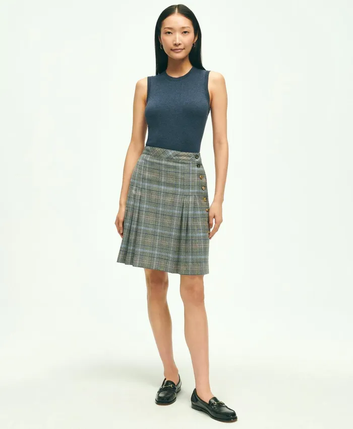 Women Stretch Wool Prince Of Wales ALine Pleated Skirt Grey Multi Brooks Brothers Pants and Skirts