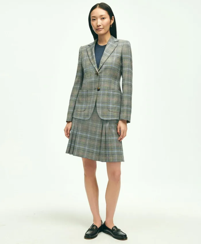 Women Stretch Wool Prince Of Wales ALine Pleated Skirt Grey Multi Brooks Brothers Pants and Skirts