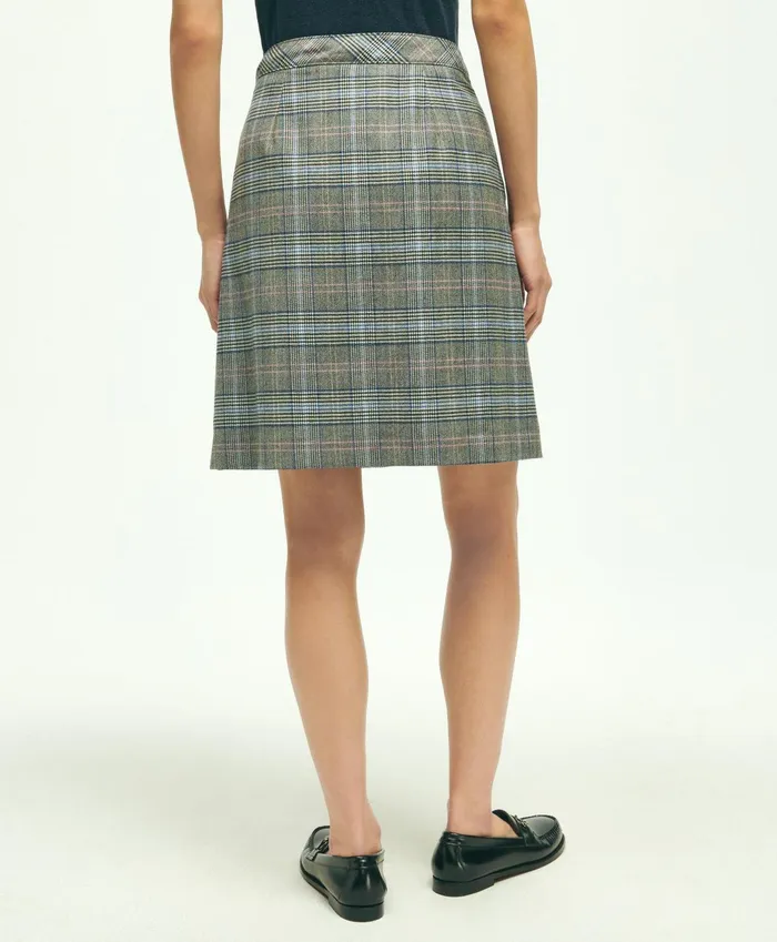 Women Stretch Wool Prince Of Wales ALine Pleated Skirt Grey Multi Brooks Brothers Pants and Skirts