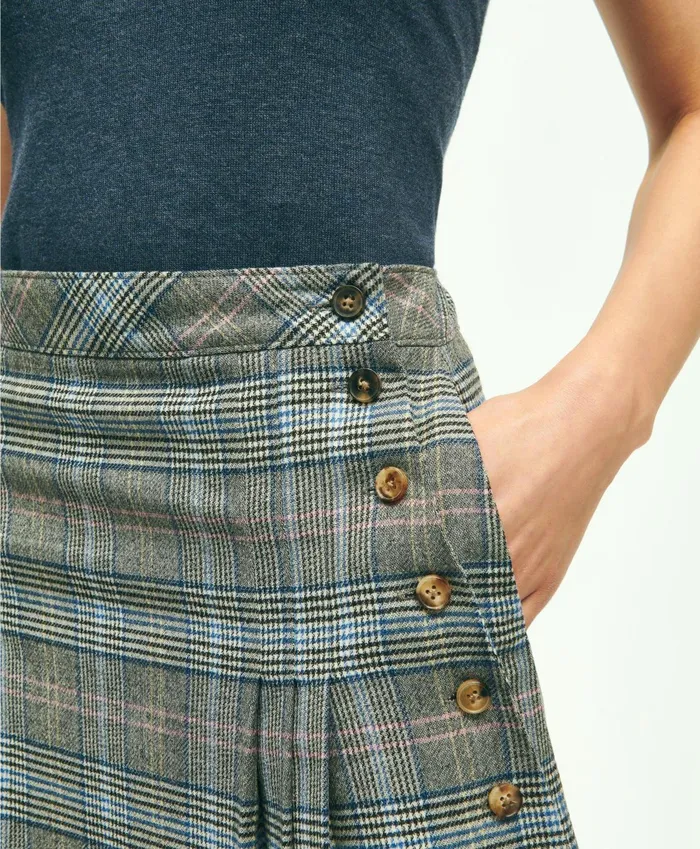 Women Stretch Wool Prince Of Wales ALine Pleated Skirt Grey Multi Brooks Brothers Pants and Skirts