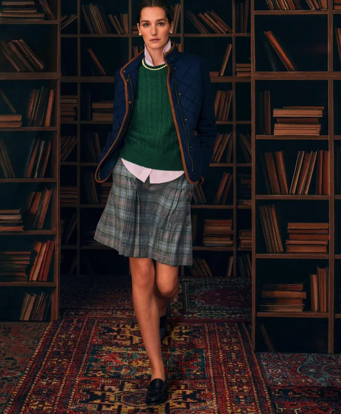 Women Stretch Wool Prince Of Wales ALine Pleated Skirt Grey Multi Brooks Brothers Pants and Skirts