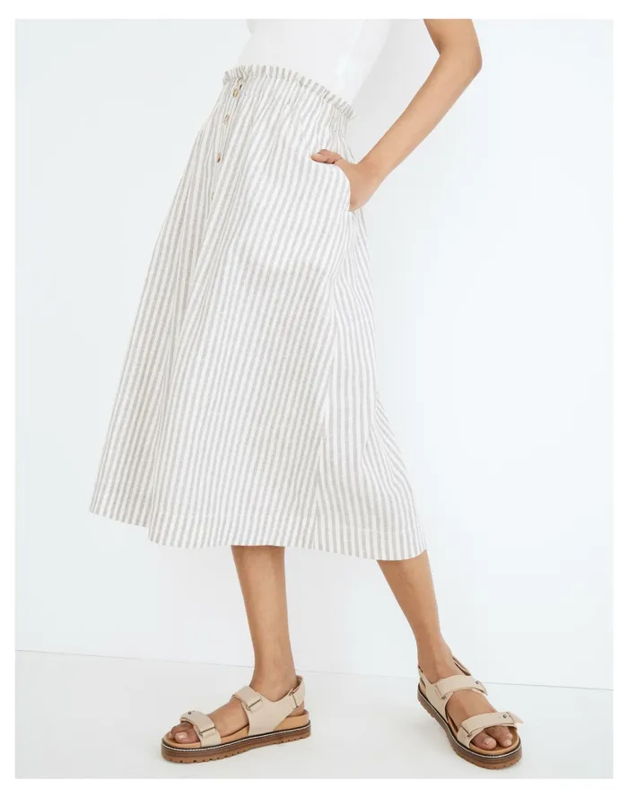 Women Striped Button Front Pull On Midi Skirt Hemp Vertical Stripe Plain Madewell Skirts