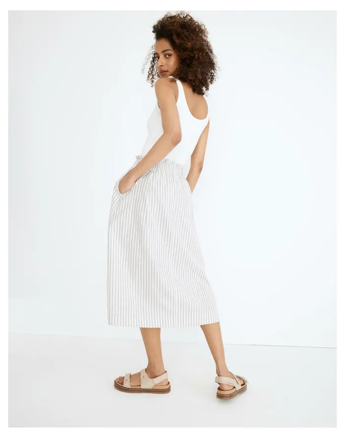 Women Striped Button Front Pull On Midi Skirt Hemp Vertical Stripe Plain Madewell Skirts