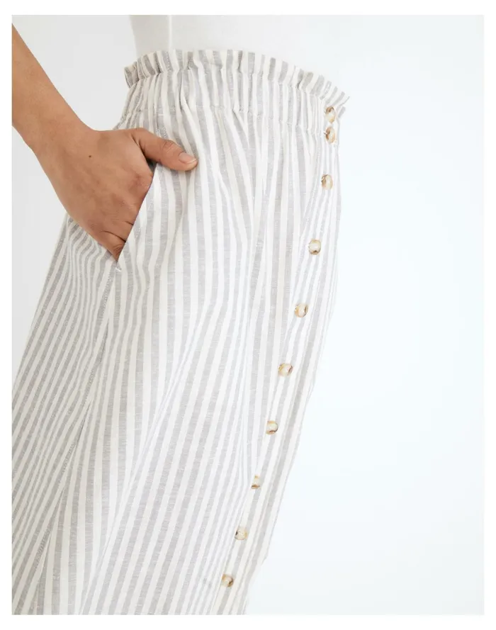 Women Striped Button Front Pull On Midi Skirt Hemp Vertical Stripe Plain Madewell Skirts